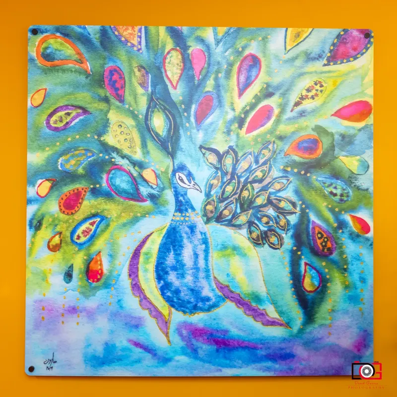 Hand-painted peacock mural with paisley feathers in teal, violet and marigold